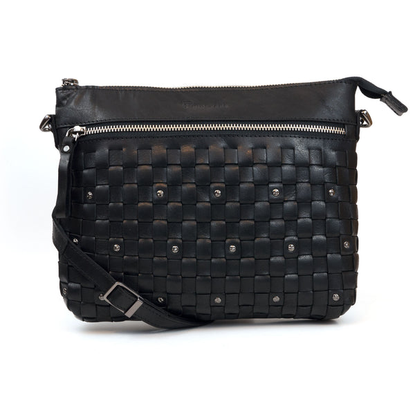 The Yasmin Black Leather Cross Body Bag with Weave detailing and metal studs