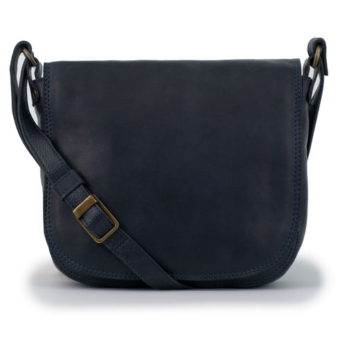 The Lizzie Women's Leather Cross Body Bag in Navy with Fold Over Flap and brass buckle detail on strap