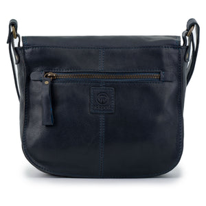 The Lizzie Women's Leather Cross Body Bag in Navy with matching leather label and zip detail