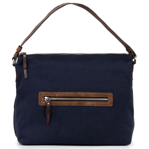 The Allegra Women's Leather Handbag in Navy with Brown Leather Zip Detail