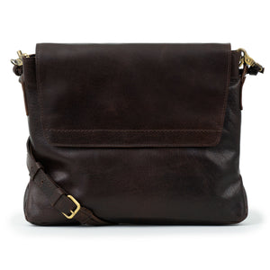 The Megan Women's Brown Leather Cross Body Bag with Fold Over Flap and bold buckle strap