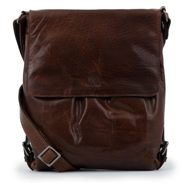 The Verity Women's Leather Cross Body Bag in Copnac with Stamped Leather Fold Over Flap