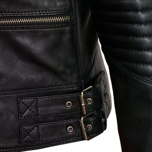 Elga black leather biker jacket side buckle detail