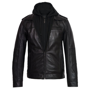 Gents Mason Black leather jacket with hood
