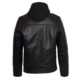 Gents Mason hooded black leather jacket back