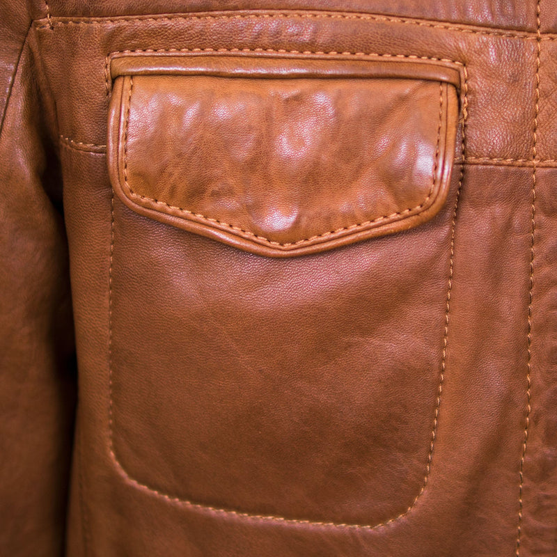 Mens Tan leather jacket pocket detail Jake
