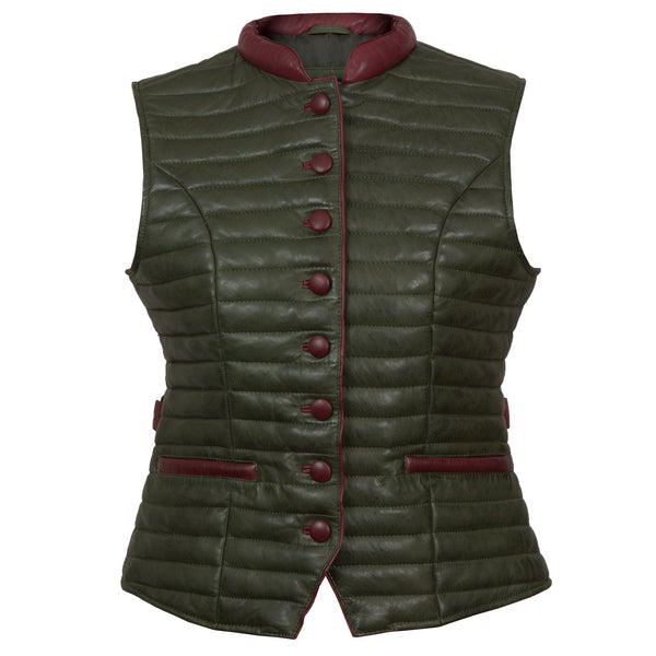 Jasmine: Women's Olive Green Funnel Leather Gilet by Hidepark