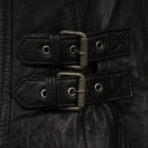 Ladies Black Leather biker jacket buckle detail
