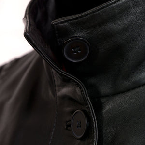 Ladies Black leather coat collar up detail Maggie