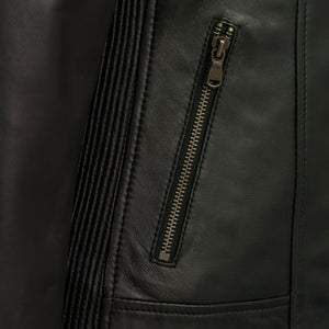 Ladies Black leather jacket pocket detail