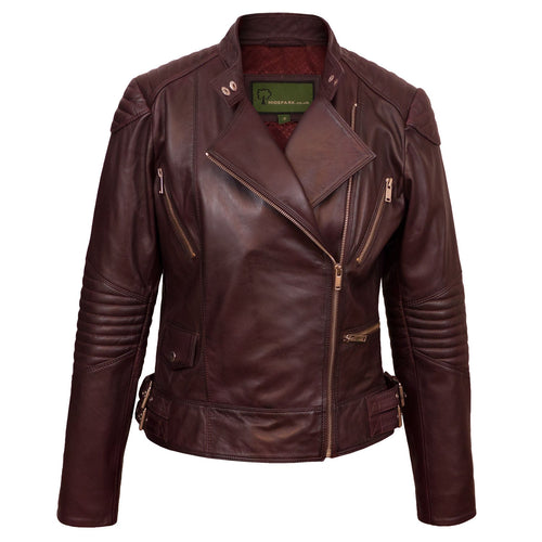 Ladies burgundy leather biker jacket front image of Wendy