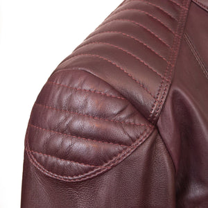 Ladies burgundy leather biker jacket shoulder detail on the Wendy