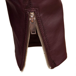 Ladies burgundy leather biker jacket zip cuff detail on Wendy