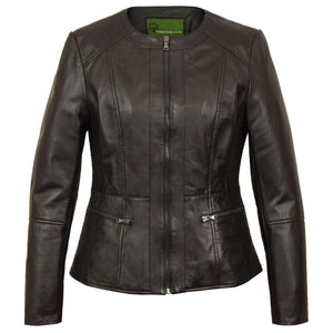 Meghan: Collarless Leather Jacket Black