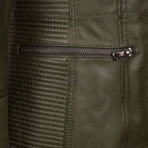 Meghan: Collarless Leather Jacket Olive