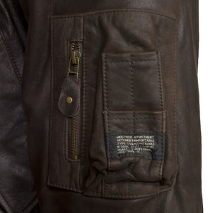 mens b brown leather coat arm pocket detail