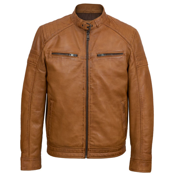 Mens Tan leather biker jacket budd