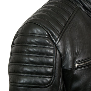 shoulder detail - Tate mens black leather jacket by Hidepark