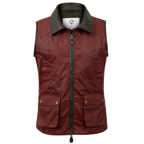 The Cora Women's Red Wax Gilet with black collar