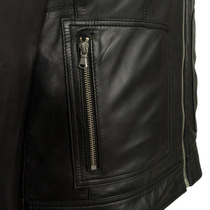 womens black hooded leather jacket heidi pocket detail