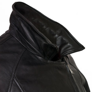 womens black leather biker jacket viki collar up detail