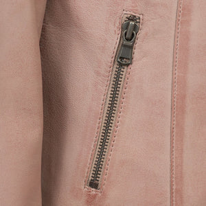 Ladies Pink leather jacket zip pocket detail Trudy
