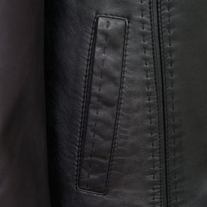 Womens black leather coat pocket detail Maggie