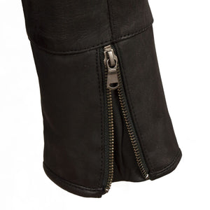 Womens black leather jacket zip cuff detail