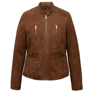 The Jane Women's Rust Coloured Suede Jacket with Silver Zip Details