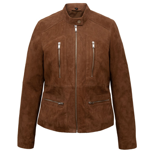 The Jane Women's Rust Coloured Suede Jacket with Silver Zip Details