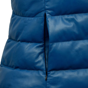 Close up of the Faye Women's Light Blue Funnel Leather Gilet