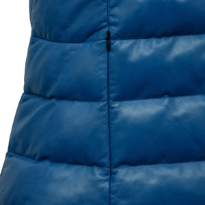 Close up of the Faye Women's Light Blue Funnel Leather Gilet