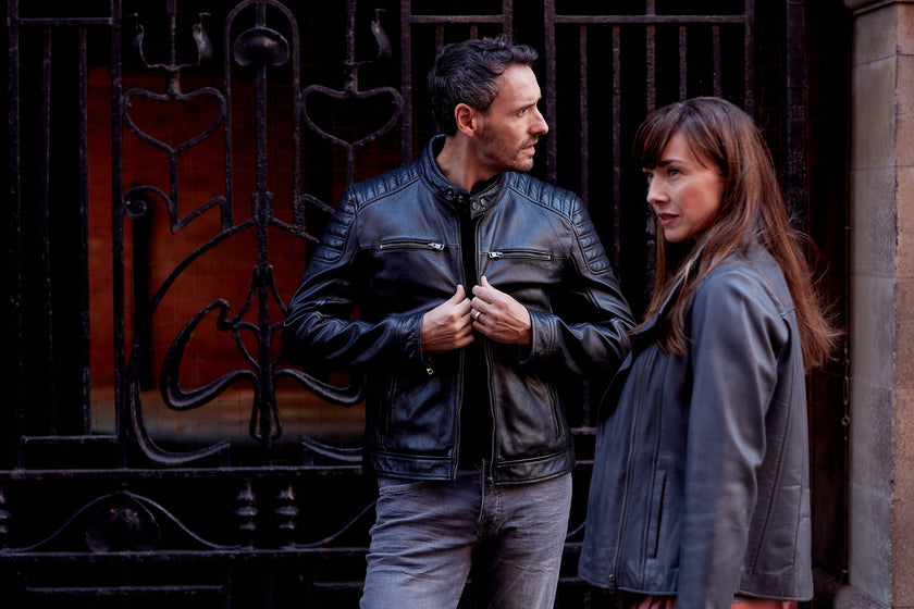 Man and woman wearing Hidepark Leather Biker Jackets