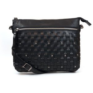 The Yasmin Black Leather Cross Body Bag with Weave detailing and metal studs