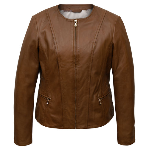 Sophie: Women's Tan Collarless Leather Jacket