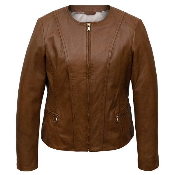 Collarless ladies leather jacket hotsell