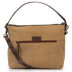 The Allegra Women's Leather Handbag in Camel with Leather Label and zip detail