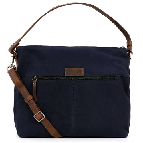 The Allegra Women's Leather Handbag in Navy with Brown Leather Label and Zip Detail