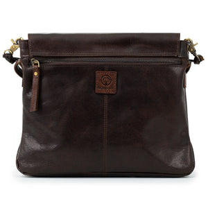 The Megan Women's Brown Leather Cross Body Bag with Brown Leather Label and zip detail