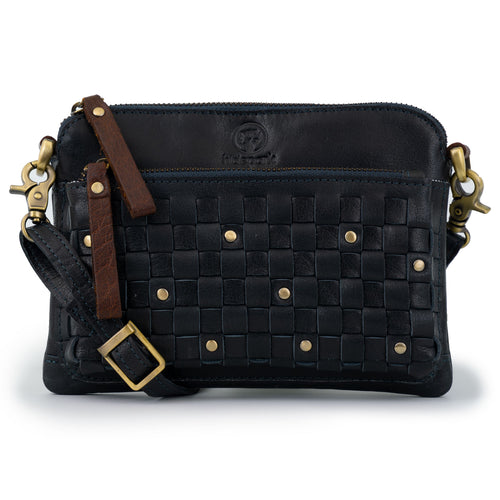 The Zena Navy Leather Cross Body Bag with weave and stud detailing and brown leather zip