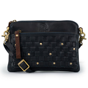 The Zena Navy Leather Cross Body Bag with weave and stud detailing and brown leather zip