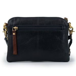 The reverse side of the Zena Navy Leather Cross Body Bag with Zip Detail