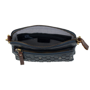 Striped Interior of the Zena Navy Leather Cross Body Bag