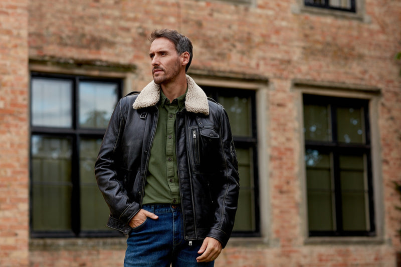 man in Hidepark sheepskin jacket