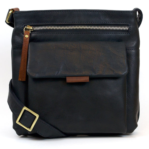 brown and black leather crossbody bag