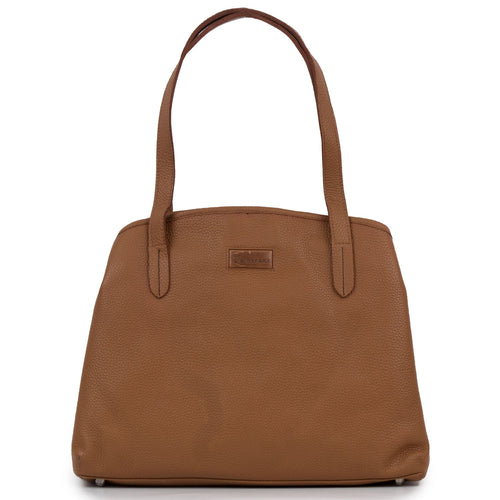 Brown leather zipped bag cognac - front view