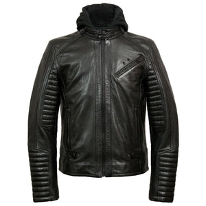 hood down - Emerson Men's Black Hooded Leather Jacket by Hidepark