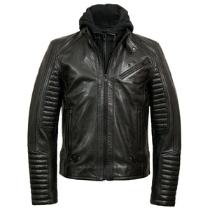 hood up - Emerson Men's Black Hooded Leather Jacket by Hidepark