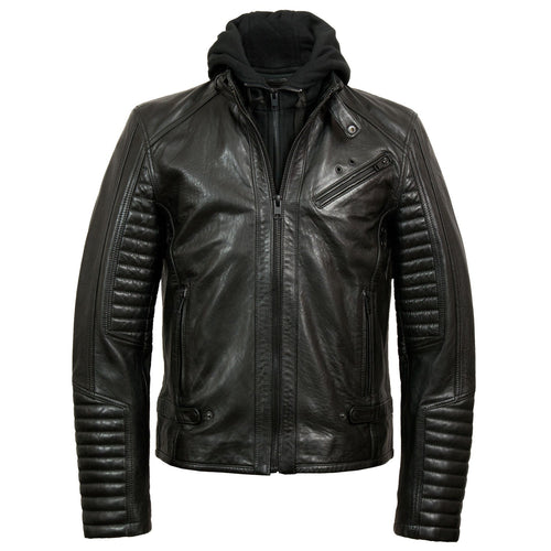hood up - Emerson Men's Black Hooded Leather Jacket by Hidepark