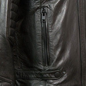Zipped waist pocket - Emerson Men's Black Hooded Leather Jacket by Hidepark